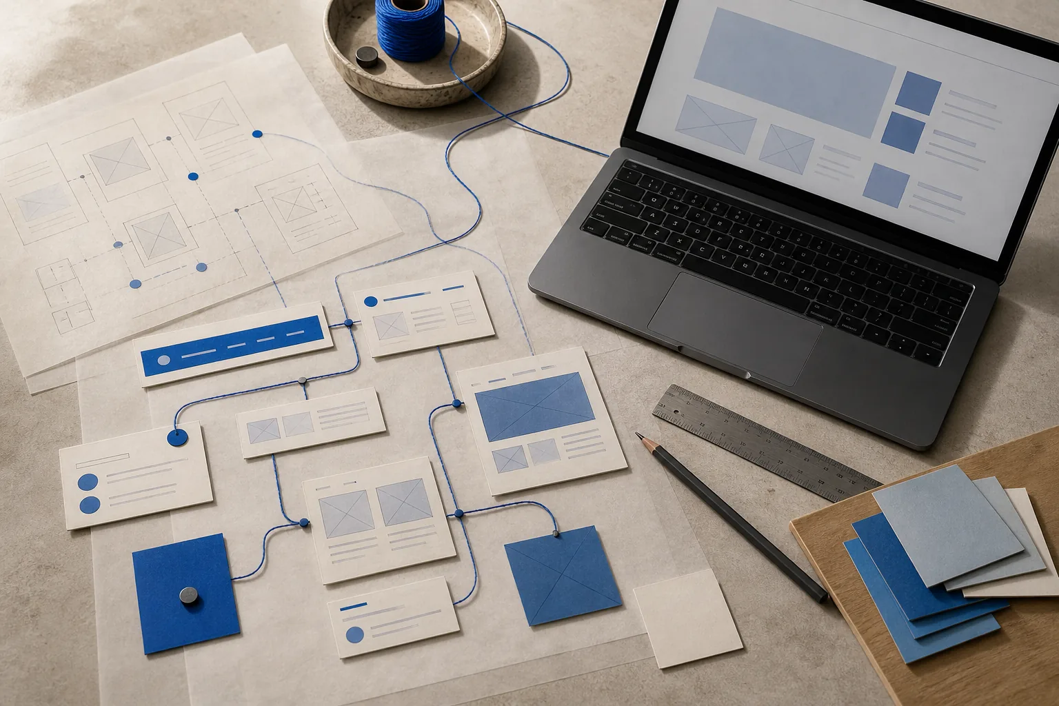 Werktafel met wireframes en een verbonden route door de website